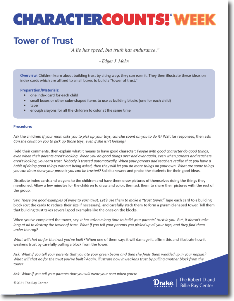 CHARACTER COUNTS Week Celebration Ideas - Tower of Trust